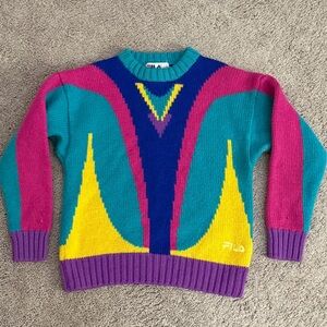 FILA Wool Sweater Women size Large Pink Teal Yellow Crew Neck Top Ski 80s Shirt